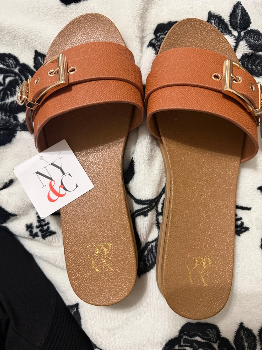 New York & Company Orange-Tan Slide Sandals with Gold Buckle